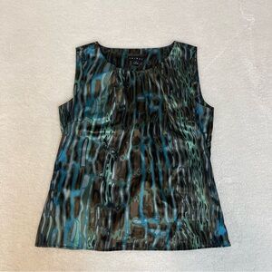 Talbots Sleeveless Top Blue Brown Oil Pattern Silky Lightweight Size 12 Career